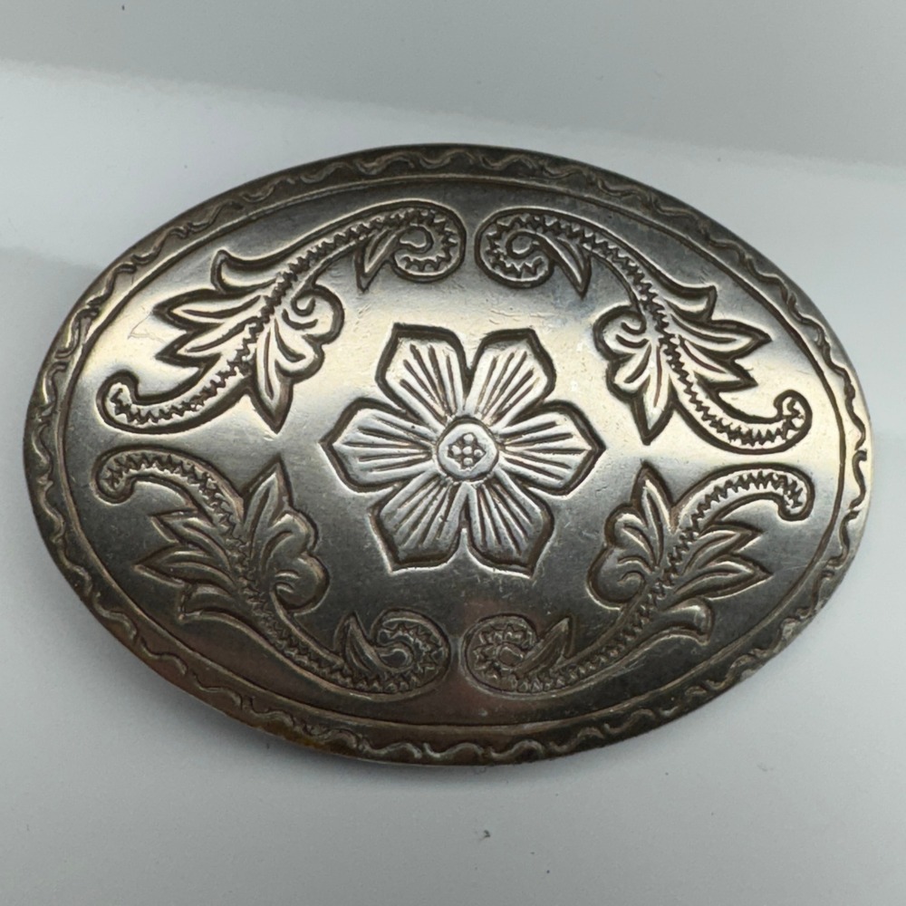 Oval Western Floral Etched Belt Buckle Silver Tone‎ Vintage Cowboy Accessory - Picture 11 of 11